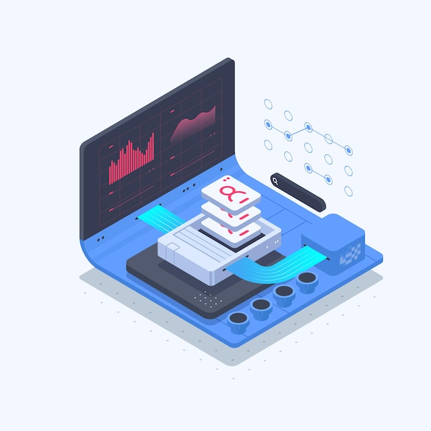 plantilla de página web Desarrollo de software Ilustración vectorial con portátil y código de programa en pantalla