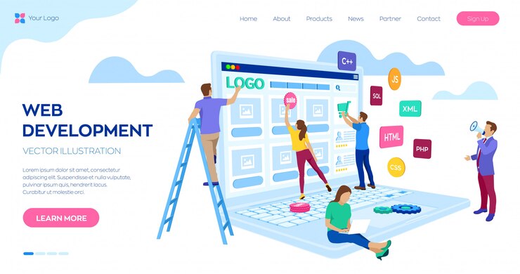 Vector plantilla de página web de desarrollo web. proyecto equipo de ingenieros para crear sitio web