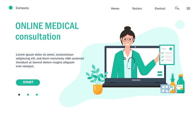 Plantilla de página web con doctora en pantalla de computadora y medicación para sitio web.