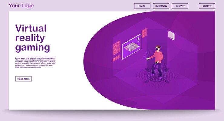 Vector plantilla de página web de juegos de realidad virtual con ilustración isométrica