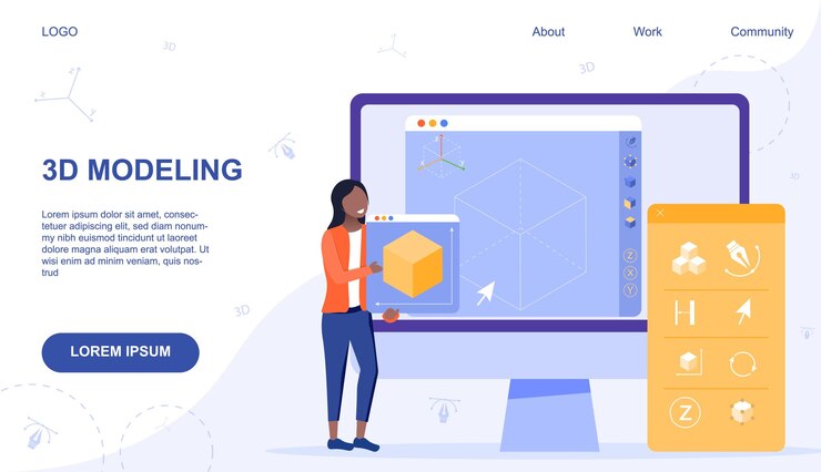 Vector plantilla de página web para modelado informático en línea que muestra a una mujer sosteniendo un modelo impreso y variado