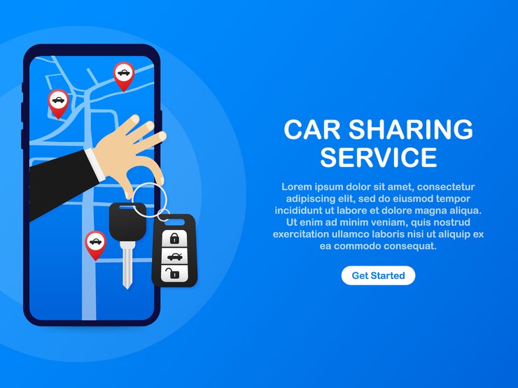 Vector plantilla de página web de publicidad de servicio de coche compartido. estandarte del servicio de alquiler de automóviles. comercio de autos y autos de alquiler. sitio web, publicidad como mano y llave