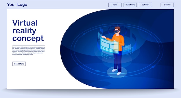 Plantilla de página web de realidad virtual con ilustración isométrica