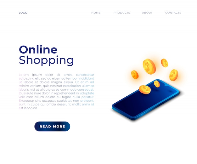 Plantilla de página web sobre el tema de compras en línea con monedas y teléfonos inteligentes isométricos
