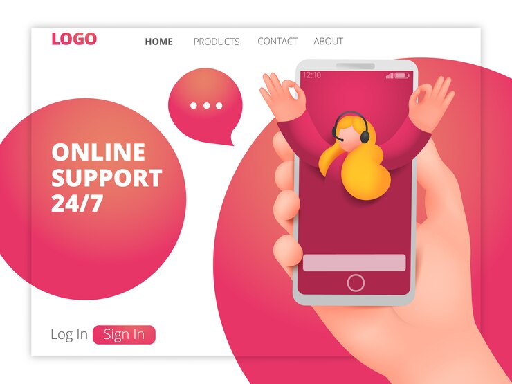 Vector plantilla de página web de soporte en línea con personaje asistente femenino