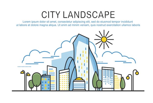 Plantilla de paisaje de la ciudad con el texto. composición de concepto gráfico lineal.