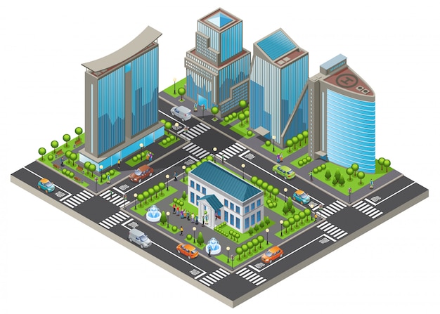 Plantilla de paisaje urbano moderno isométrico con oficinas y edificios vivos, coches, árboles, personas de la carretera que visitan el museo aislado