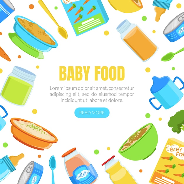 Plantilla de pancarta de alimentos para bebés Comida orgánica saludable para niños pequeños Marco de forma redonda con espacio para ilustración vectorial de texto