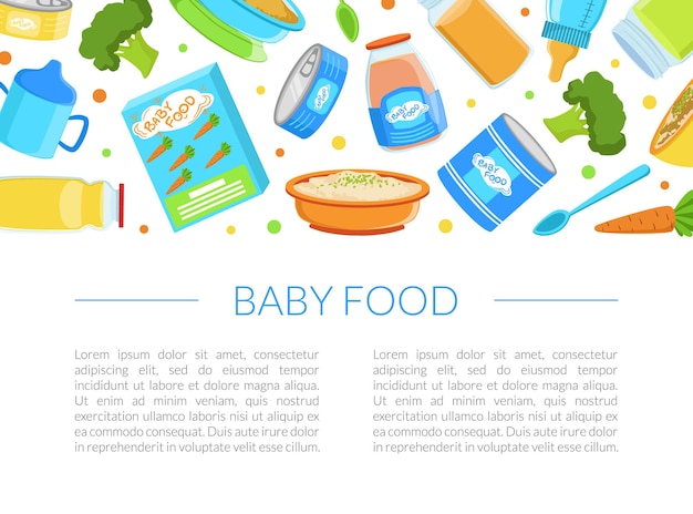 Plantilla de pancarta de comida para bebés Primera comida saludable para niños pequeños con espacio para texto Ilustración vectorial del menú para niños