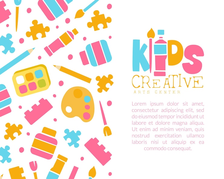 Vector plantilla de pancarta creativa para niños con espacio para texto educación arte artesanía creatividad clase diseño escolar arte suministros patrones sin costuras ilustración vectorial de dibujos animados