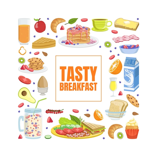 Plantilla de pancarta de desayuno sabroso con platos de desayunos sabrosos Ilustración vectorial de patrón sin costuras