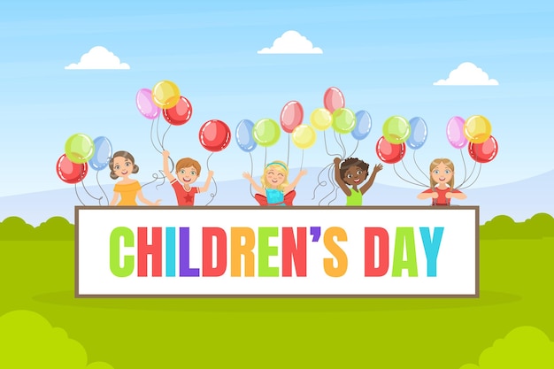 Plantilla de pancarta del día de los niños niños felices divirtiéndose con globos coloridos durante el día soleado ilustración vectorial