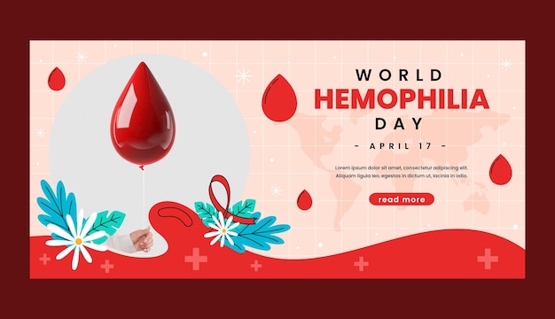 Vector plantilla de pancarta horizontal plana para la concienciación del día mundial de la hemofilia