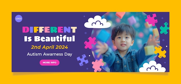 Plantilla de pancarta horizontal plana para el día mundial de concienciación sobre el autismo