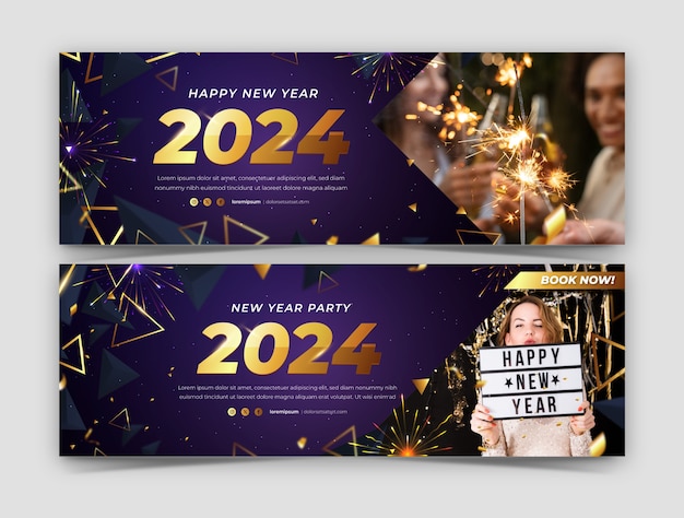 Vector plantilla de pancarta horizontal realista para la celebración del año nuevo 2024