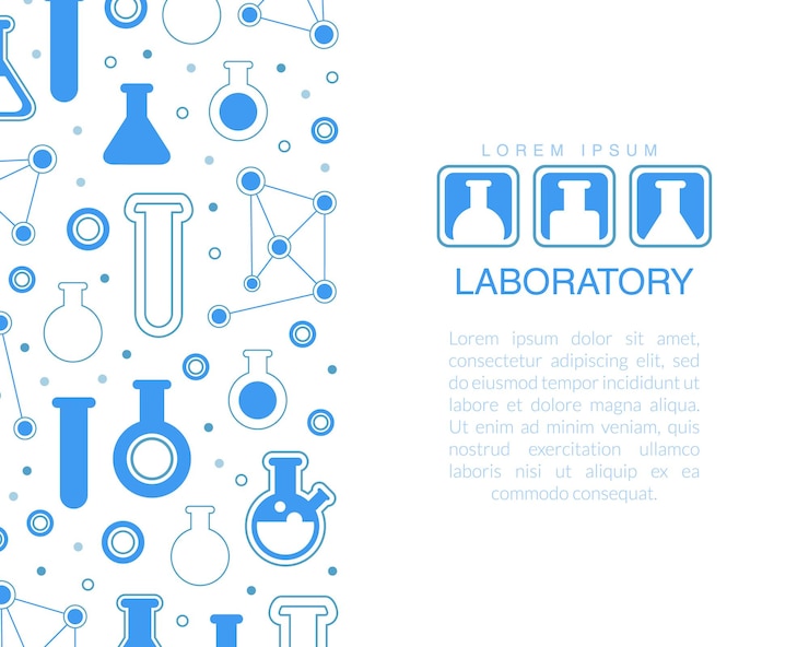 Vector plantilla de pancarta de laboratorio con espacio para texto farmacia química ciencia medicina cartel de cartel diseño de folleto con equipo de laboratorio patrón sin costuras ilustración vectorial