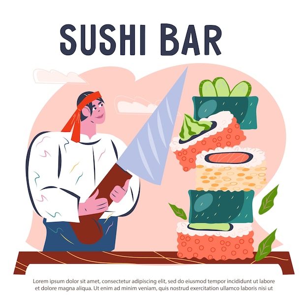Plantilla de pancarta o póster con fabricante de sushi japonés cocinando ilustración vectorial plana