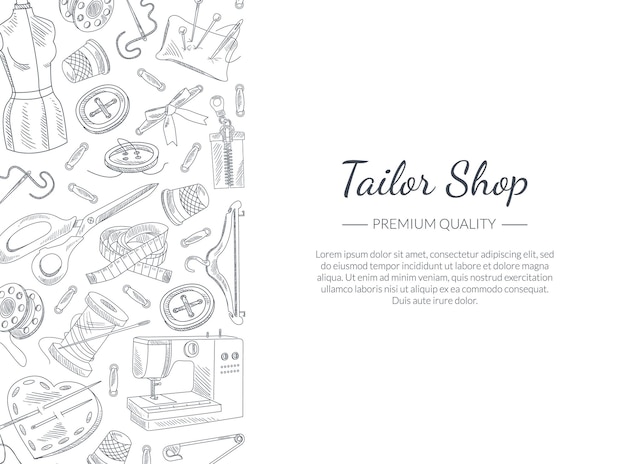 Plantilla de pancarta de tienda de sastrería con accesorios de costura dibujados a mano y espacio para texto Ilustración vectorial de elementos de taller de tienda de sastre