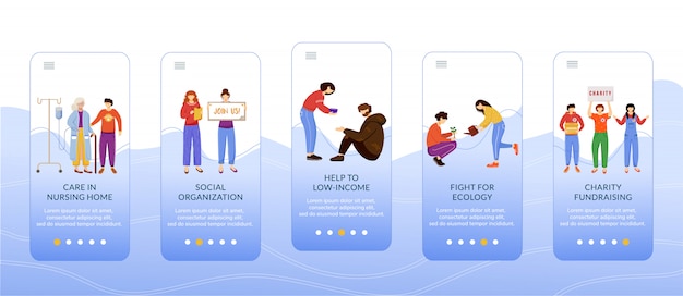 Plantilla de pantalla de aplicación móvil de incorporación voluntaria de trabajo. Actividades de caridad, pasos de voluntariado en el sitio web con personajes planos. Concepto de interfaz de dibujos animados de teléfonos inteligentes UX, UI, GUI
