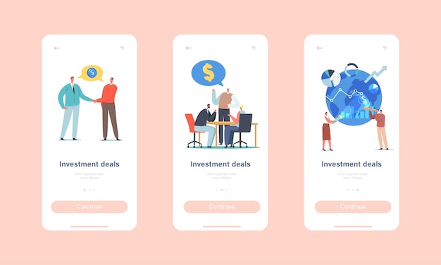 Plantilla de pantalla incorporada de la página de la aplicación móvil de ofertas de inversión. Asociación de personajes de empresarios y colaboración para proyectos de dinero, concepto de negocio global. Ilustración de Vector de gente de dibujos animados
