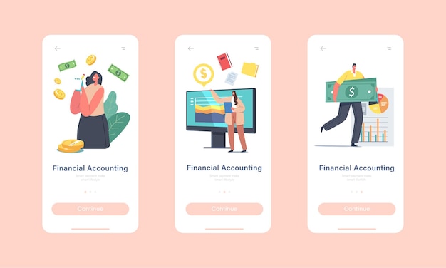 Plantilla de pantalla integrada de la página de la aplicación móvil de contabilidad financiera. Rendimiento de personajes, análisis, estadísticas y declaración comercial