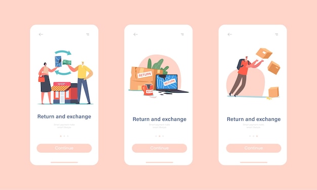 Plantilla de pantalla integrada de la página de la aplicación móvil de devolución y cambio de mercancías rotas Los personajes devuelven las cosas dañadas a la tienda, la computadora portátil agrietada, la taza y el concepto de teléfono inteligente. Ilustración de Vector de gente de dibujos animados