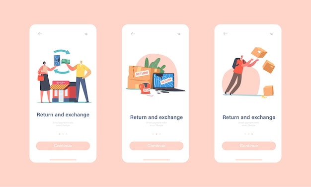 Plantilla de pantalla integrada de la página de la aplicación móvil de devolución y cambio de mercancías rotas los personajes devuelven las cosas dañadas a la tienda, la computadora portátil agrietada, la taza y el concepto de teléfono inteligente. ilustración de vector de gente de dibujos animados