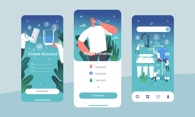 Plantilla de pantalla integrada de la página de la aplicación móvil del equipo de filtración de agua. Pequeños personajes científicos utilizan una enorme jarra de filtro de agua para limpiar y purificar el concepto de agua. Ilustración de Vector de gente de dibujos animados