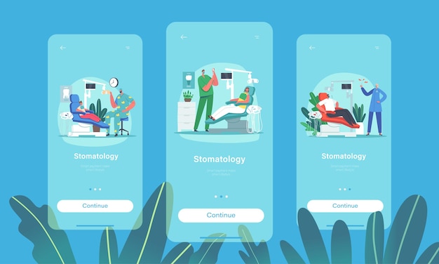 Plantilla de pantalla integrada de la página de la aplicación móvil de estomatología. Procedimiento de revisión del dentista. Pacientes adultos y niños en silla médica en concepto de gabinete de estomatólogo. Ilustración de Vector de gente de dibujos animados