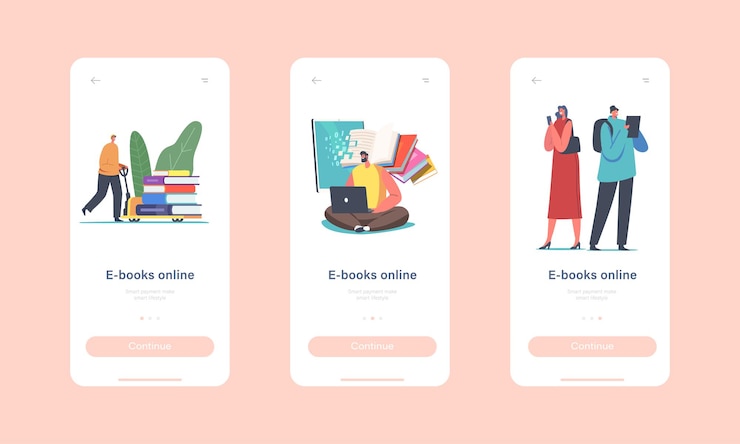 Vector plantilla de pantalla integrada de la página de la aplicación móvil de libros electrónicos en línea. pequeños personajes con dispositivos digitales leyendo libros en internet o usando la aplicación para el concepto de gadgets. ilustración de vector de gente de dibujos animados