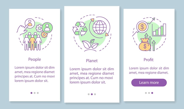 Plantilla de pantalla de página de aplicación móvil de incorporación de gestión de recursos. Pasos del sitio web de la guía de personas, planeta y ganancias. Triple resultado final. TBL. Concepción empresarial. Interfaz de teléfono inteligente UX, UI, GUI
