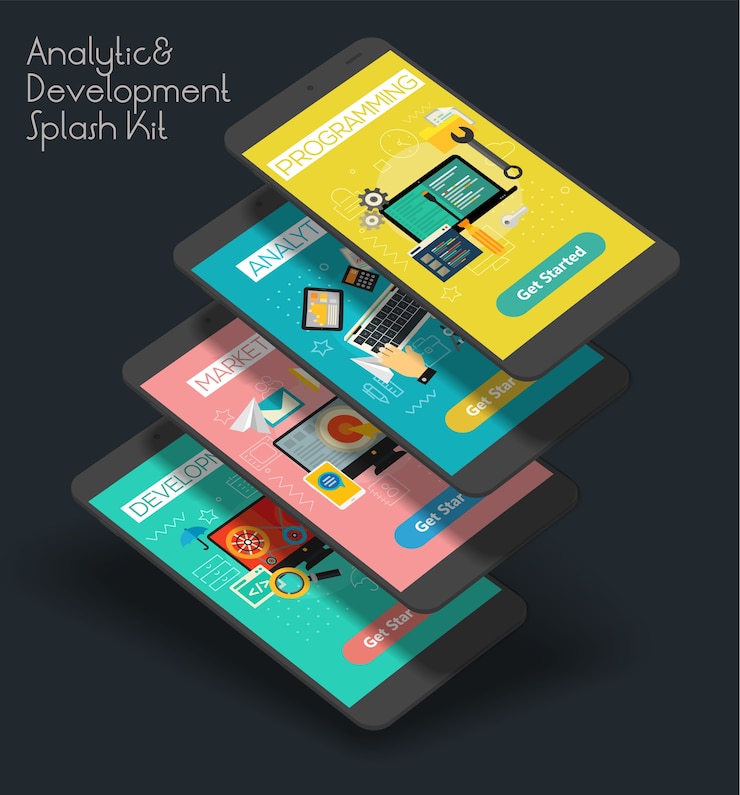 Vector plantilla de pantallas de presentación de la aplicación móvil ui de análisis y desarrollo de diseño plano con ilustraciones de moda y maquetas de teléfonos inteligentes en 3d