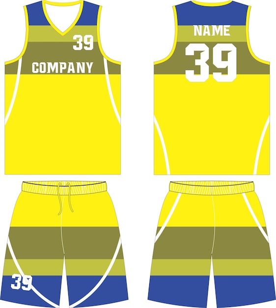 Plantilla de pantalones cortos de uniforme de baloncesto para la camiseta deportiva de vista frontal y trasera del club de baloncesto