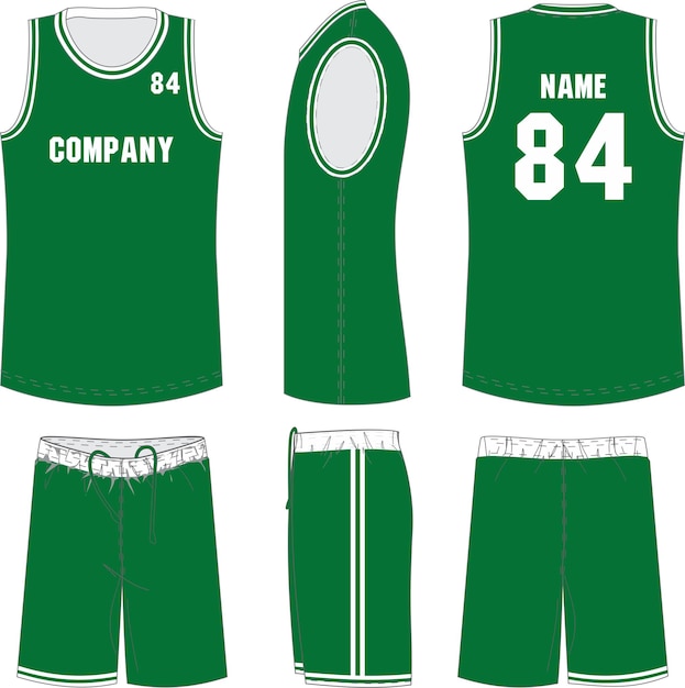 Plantilla de pantalones cortos de uniforme de baloncesto para la camiseta deportiva de vista frontal y trasera del club de baloncesto