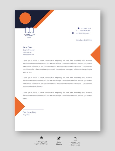 Plantilla de papel de carta corporativa profesional naranja y azul Diseño de papel de letra de negocios modernos PSD