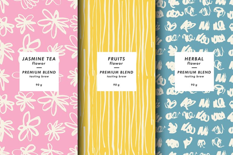Plantilla de papel de embalaje Conjunto vectorial de elementos de diseño e iconos Estilo lineal para el paquete de té gris y verde patrón sin costuras
