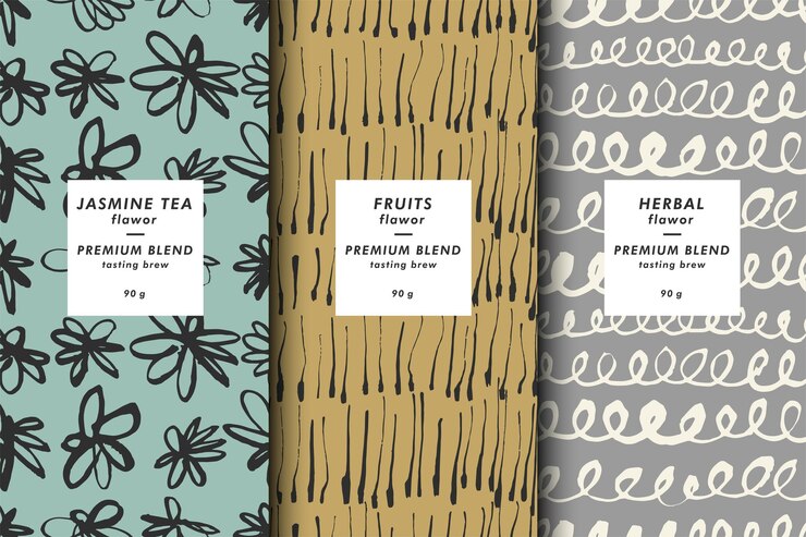Plantilla de papel de embalaje Conjunto vectorial de elementos de diseño e iconos Estilo lineal para el paquete de té gris y verde patrón sin costuras
