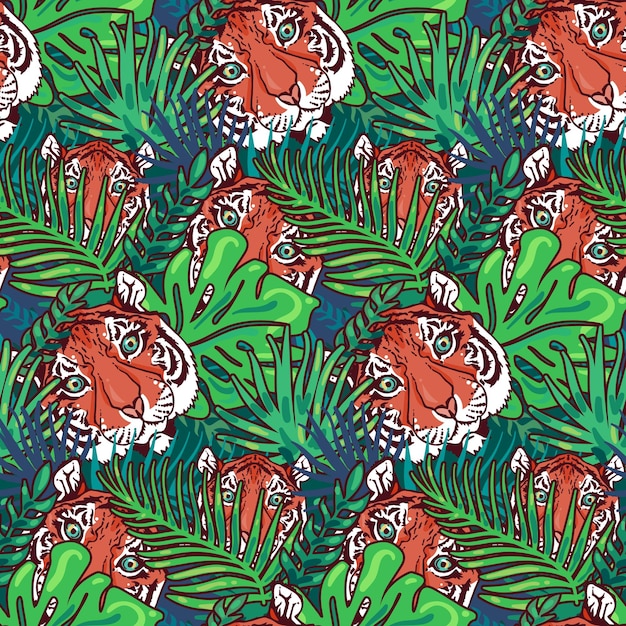 Plantilla de papel tapiz de vector de cabeza de tigre de patrones sin fisuras