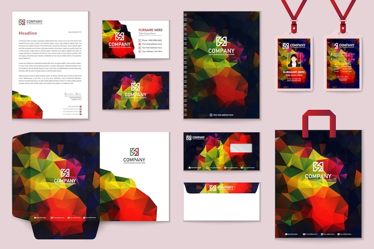 Vector plantilla de papelería de color rojo y negro de negocios poligonal simple
