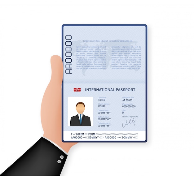 Plantilla de pasaporte abierto en blanco. Pasaporte internacional con muestra de página de datos personales. ilustración.