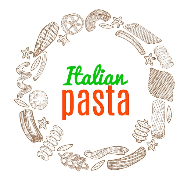 Vector plantilla de pasta italiana de composición de pasta redonda en estilo dibujado a mano para diseño de superficie