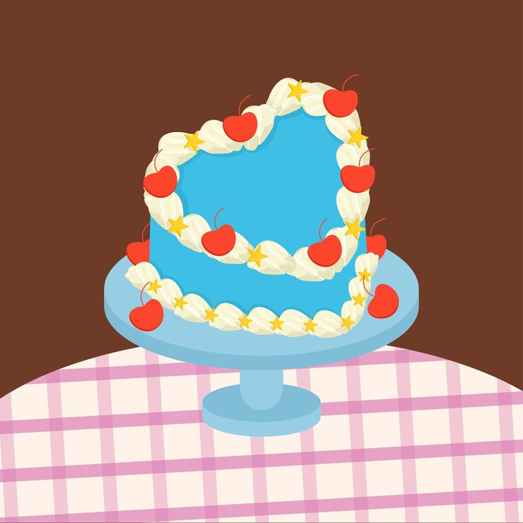 plantilla de pastel de amor azul con estrellas salpicaduras y cerezas