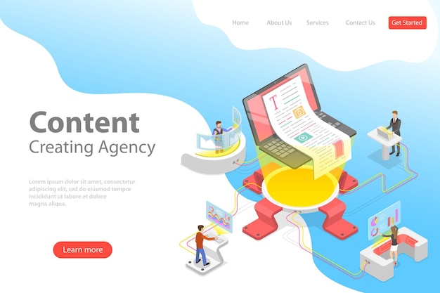 Plantilla de paté de aterrizaje vectorial isométrico plano de contenido creando redacción escritura creativa marketing de contenidos