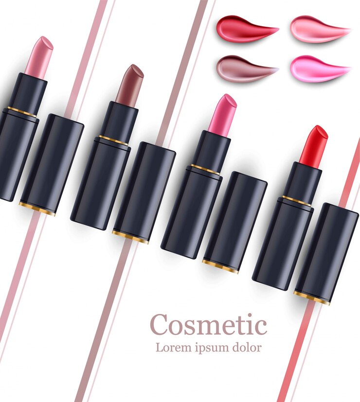 Vector plantilla de patrón de colección de belleza lápiz labial. paquetes de cosméticos