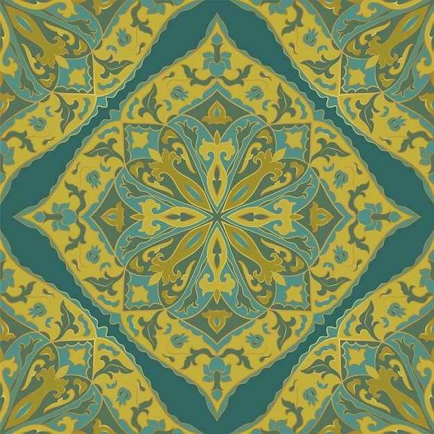 Vector plantilla de patrón vintage oriental para alfombra de tapiz de cojín textil fondo floral azul y amarillo