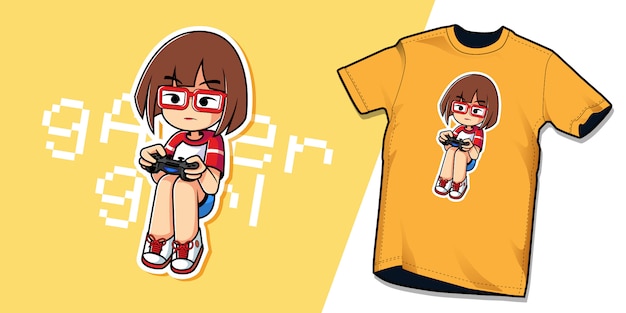 Plantilla de personaje de camiseta gamer girl