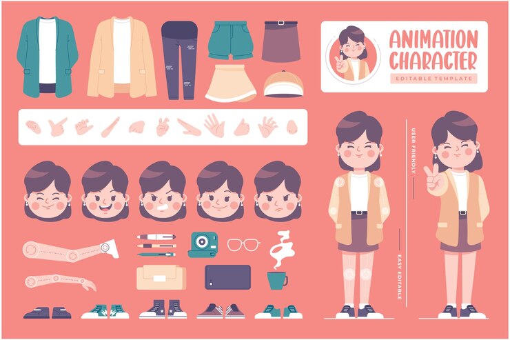 Vector plantilla de personaje de niña de diseño plano de animación editable