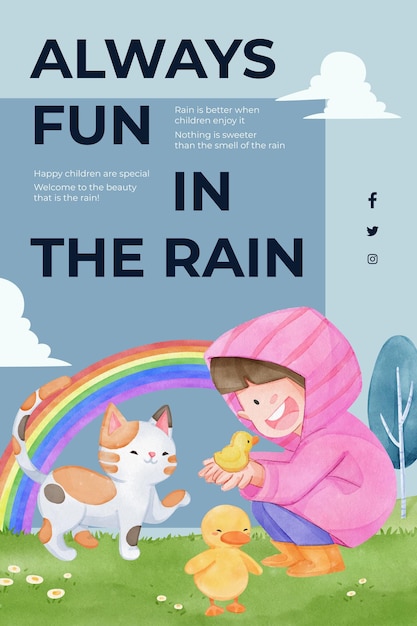 Plantilla de pinterest con concepto de temporada de lluvias para niños estilo acuarela