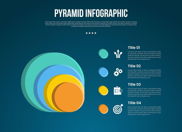 plantilla de pirámide o embudo infográfico con capa apilada de círculo 3D con estilo de fondo oscuro de 4 puntos para la presentación de diapositivas
