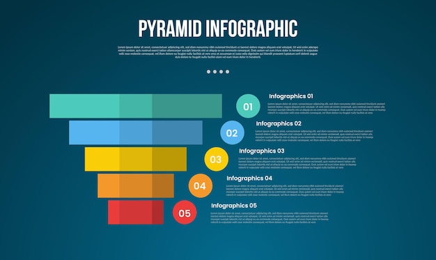 plantilla de pirámide o embudo infográfico con pirámide inversa con recipiente de caja rectangular afilado con estilo de fondo oscuro de 5 puntos para la presentación de diapositivas